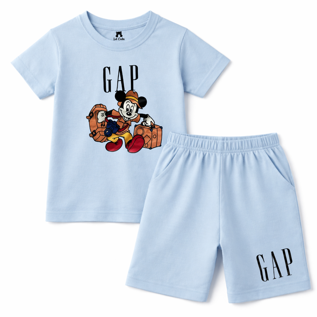 Light blue GAP and Mickey print 2-piece summer coord set for kids aged 2 to 12, featuring a top and shorts with playful design