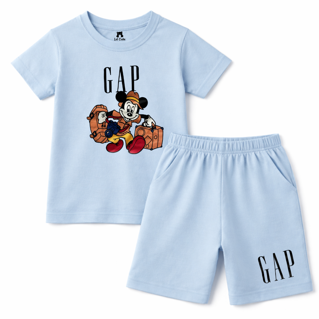 Light blue GAP and Mickey print 2-piece summer coord set for kids aged 2 to 12, featuring a top and shorts with playful design