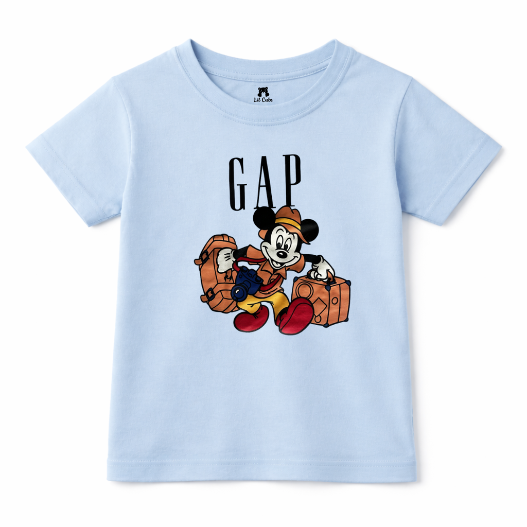 Light blue GAP and Mickey print summer coord set for kids, featuring a two-piece outfit for ages 2 to 12 years.