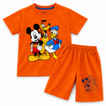 Orange Mickey & Friends summer coord set for kids, two-piece jersey cotton outfit featuring Mickey Mouse and friends.