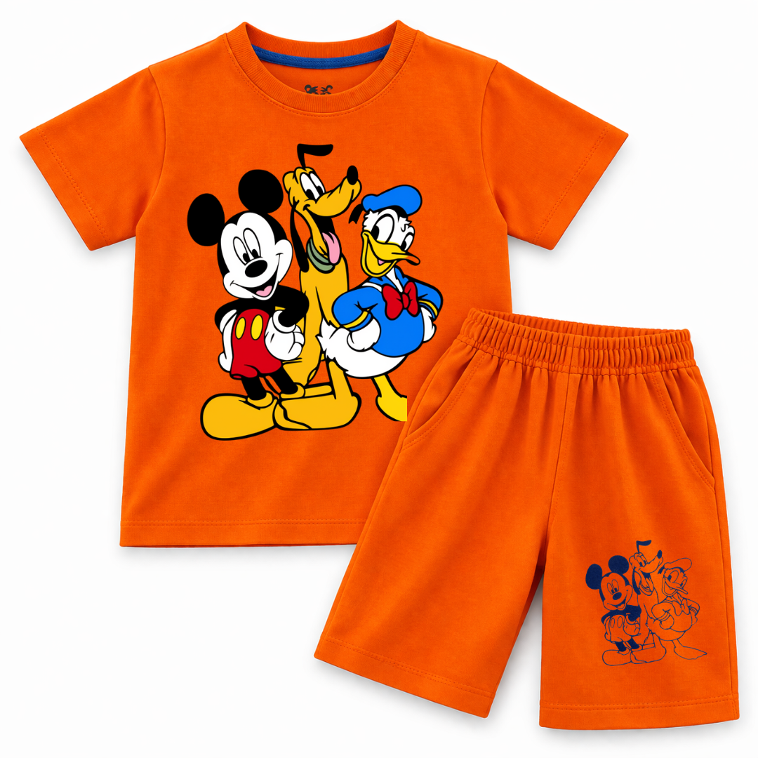 Orange Mickey & Friends summer coord set for kids, two-piece jersey cotton outfit featuring Mickey Mouse and friends.