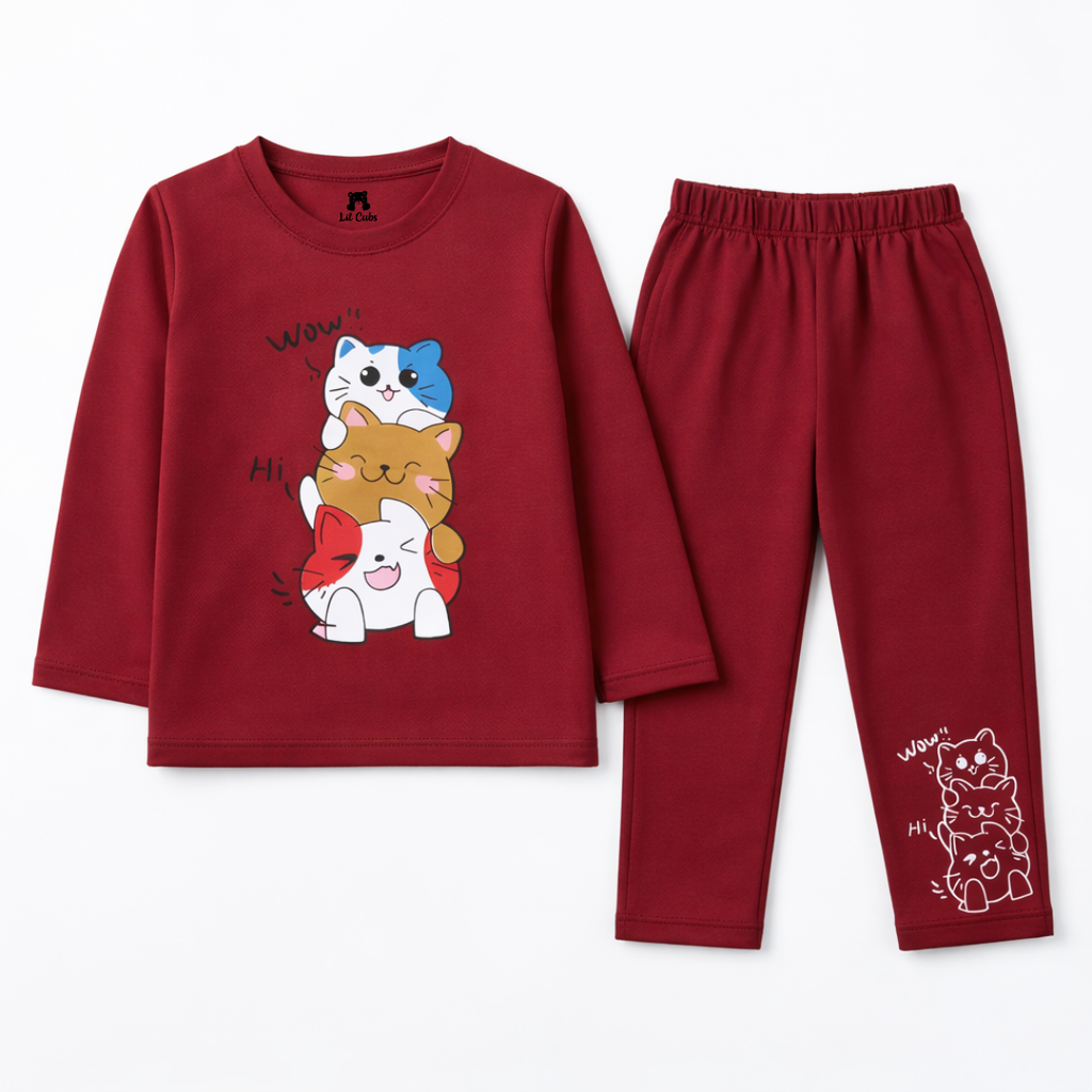 Cute Cat Maroon Summer Coord Set (2-Piece) - Lil' Cubs