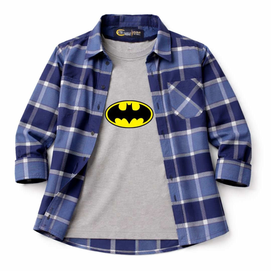 Blue Shades Checkered Casual Shirt with Batman Print T-Shirt