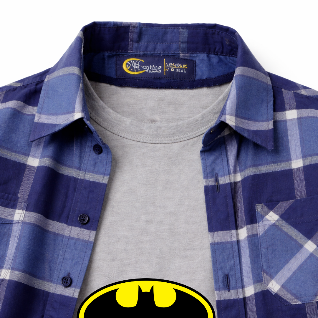 Blue Shades Checkered Casual Shirt with Batman Print T-Shirt