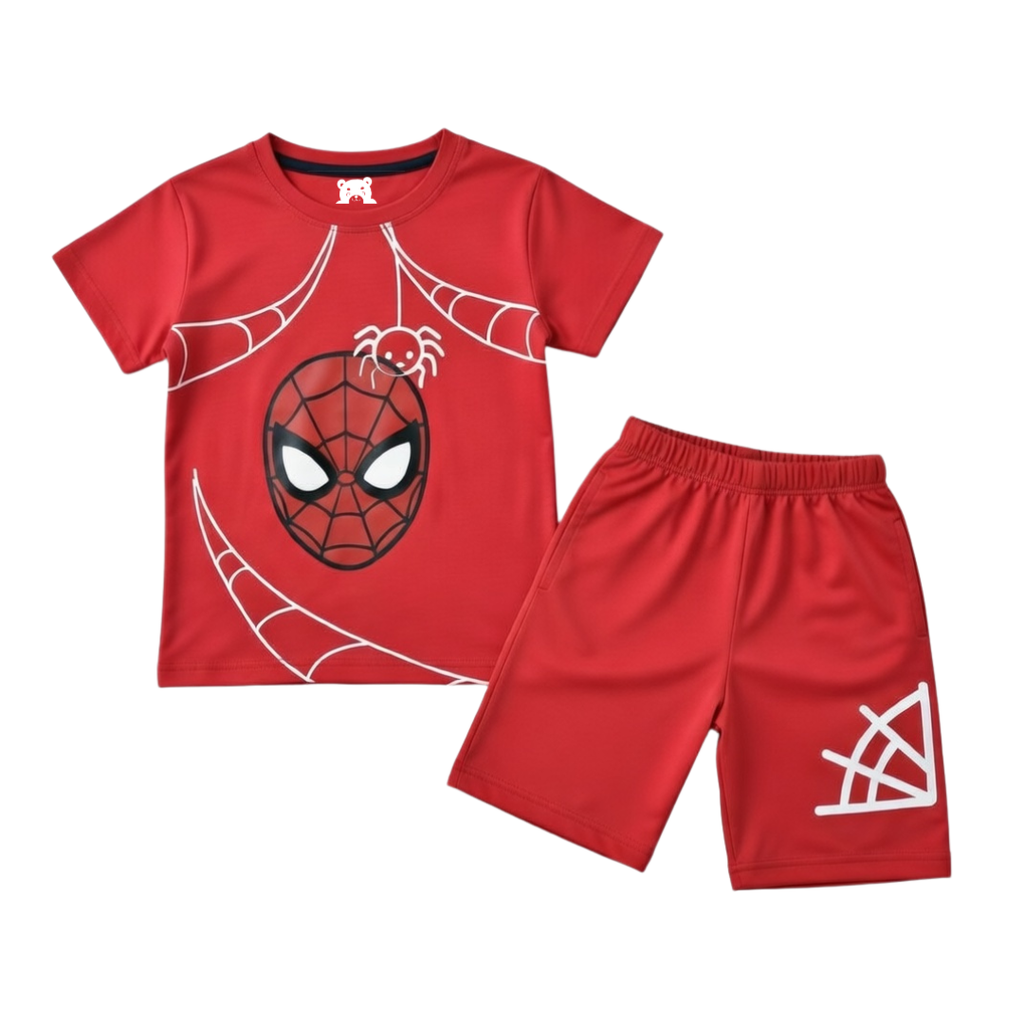 Red Spiderweb summer coord set for kids by Lil' Cubs, includes a matching top and shorts with spiderweb pattern.
