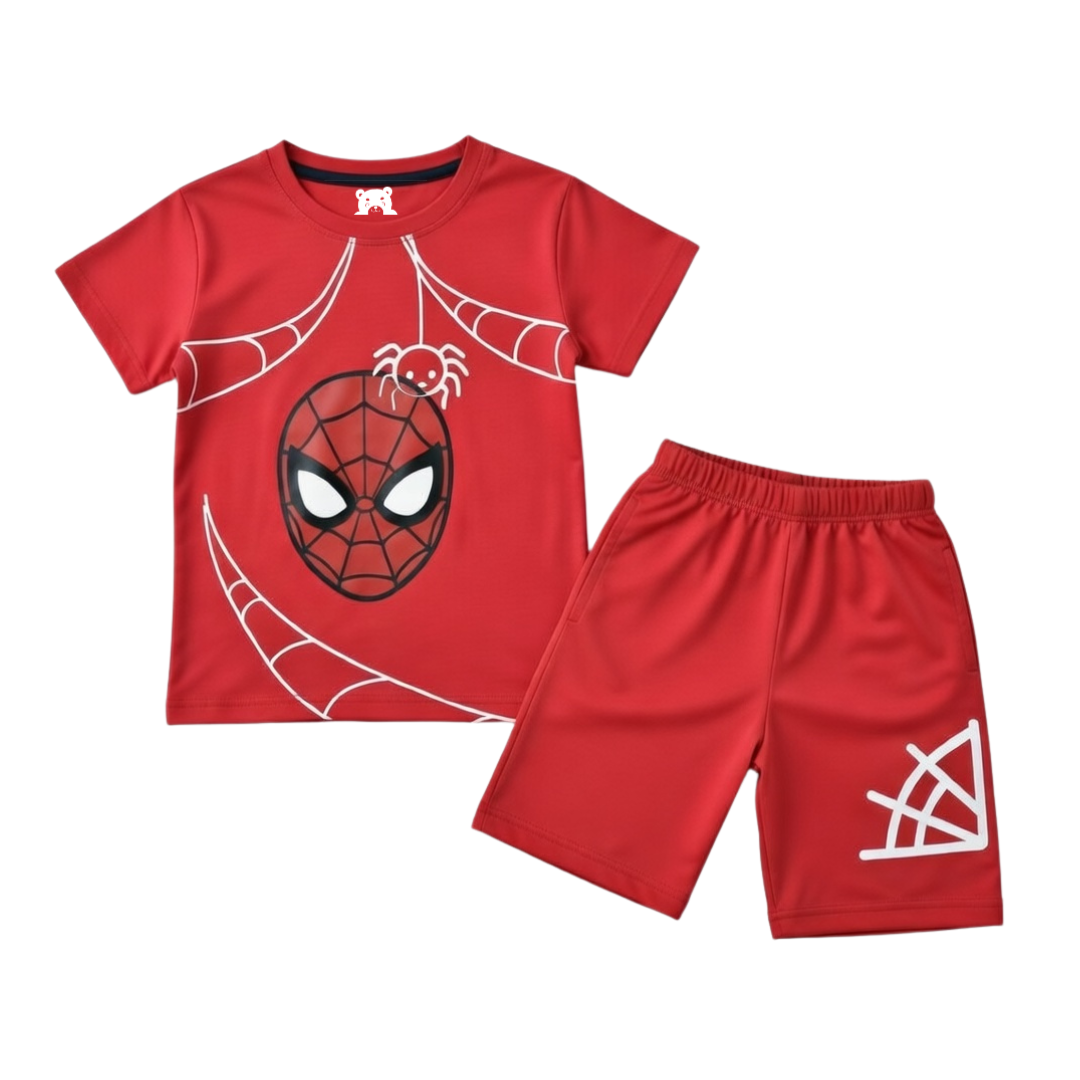 Red Spiderweb summer coord set for kids by Lil' Cubs, includes a matching top and shorts with spiderweb pattern.