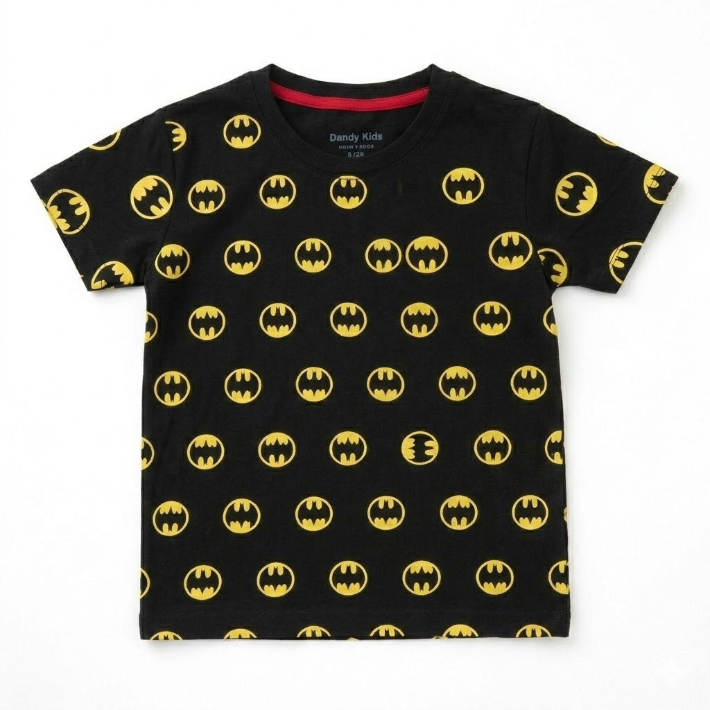 Black Batman print boys' summer coord set by lilcubspk, featuring a matching top and shorts with Batman graphics for ages 1-12 years.