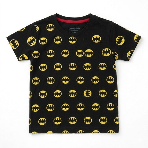 Black Batman print boys' summer coord set by lilcubspk, featuring a matching top and shorts with Batman graphics for ages 1-12 years.
