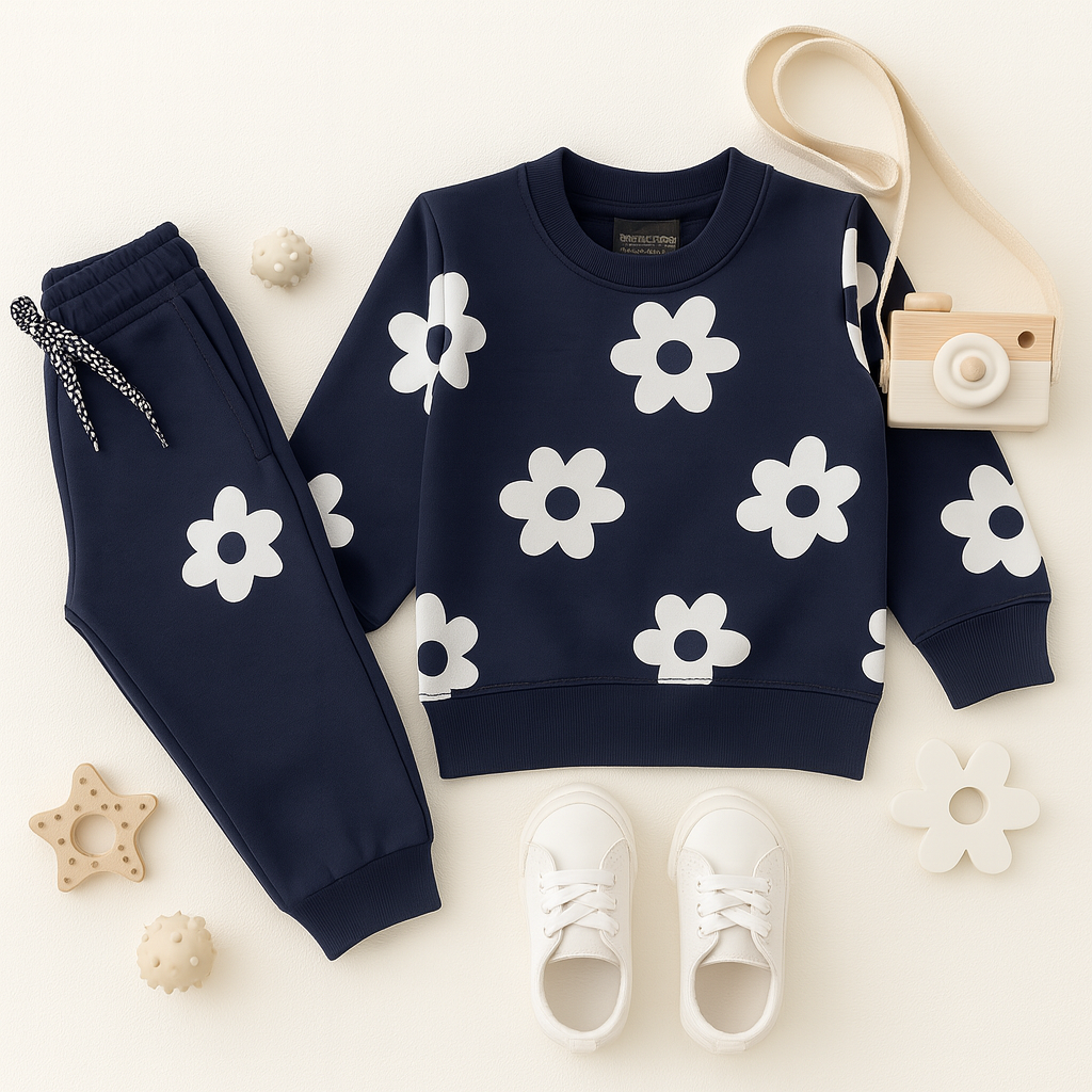 Kids Navy Flower Printed Sweatshirt & Jogger Set with White Sneakers — 2 Piece Outfit