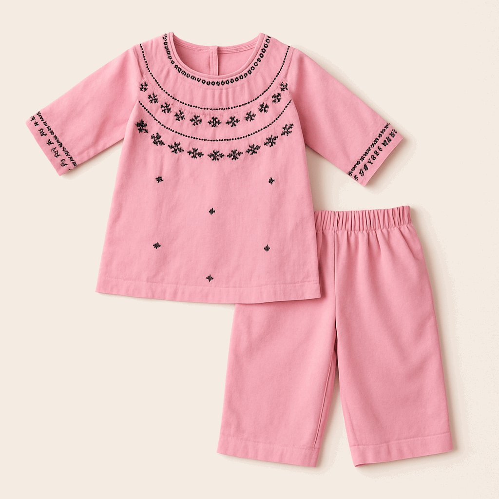 Girls Pink Embroidered Kameez Shalwar Set – 2-Piece Cotton Outfit for Kids


