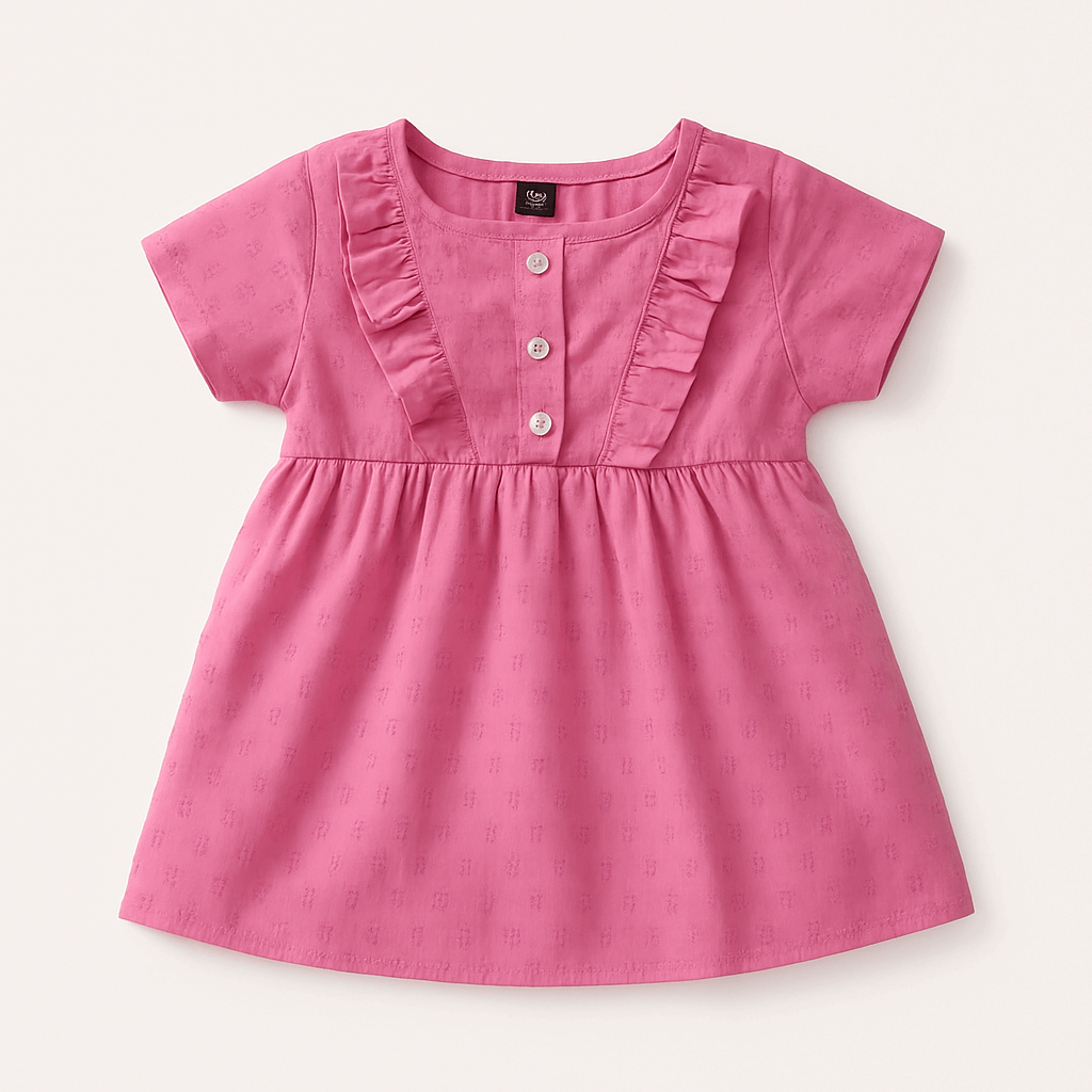 Pink ruffle frock for toddler girls aged 9 month–3 years, made of soft cotton with buttons and frill detailing – perfect for summer wear.

