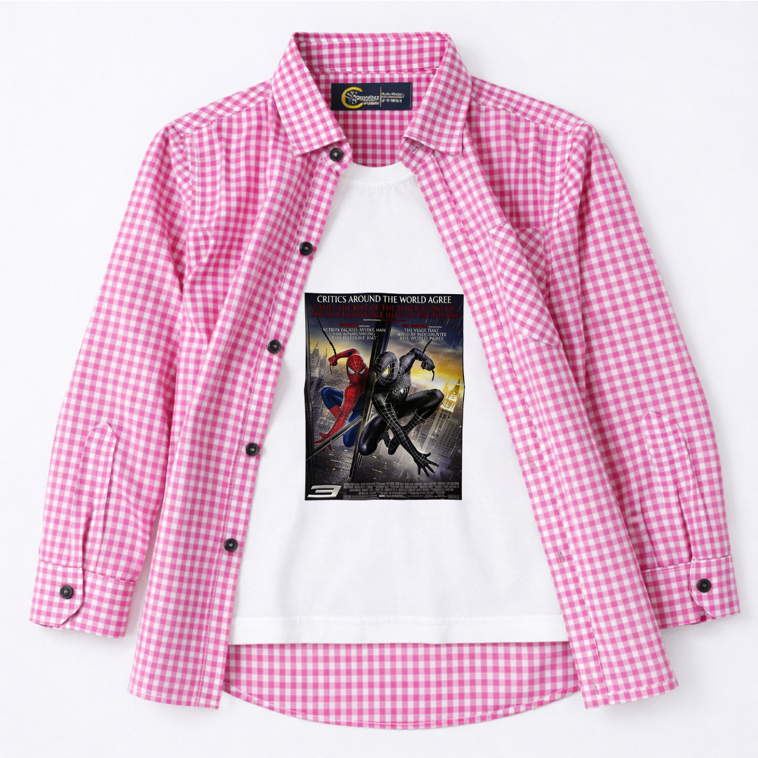 Pink White Small Checked Casual Shirt with Spiderman Print T-Shirt