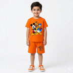 Orange Mickey & Friends summer coord set for kids, featuring a jersey cotton 2-piece outfit with fun Disney character print.