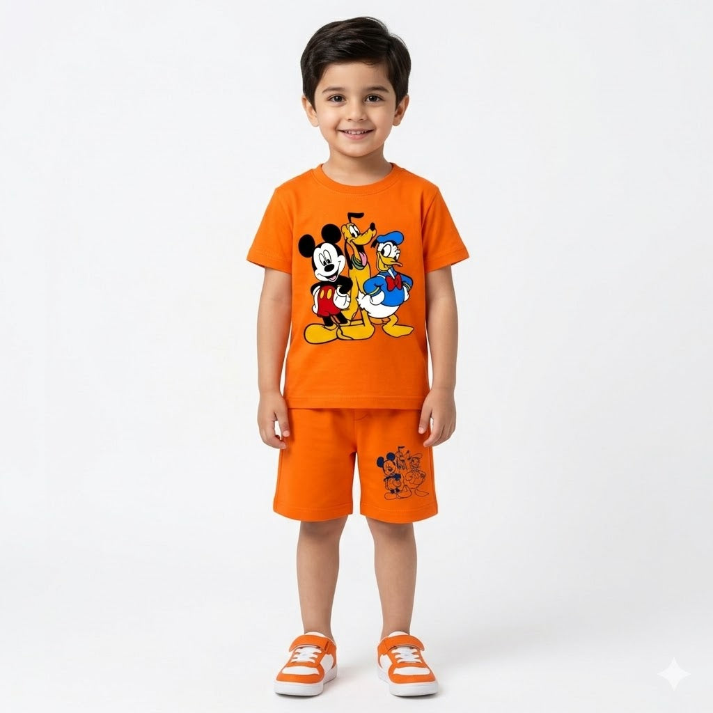 Orange Mickey & Friends summer coord set for kids, featuring a jersey cotton 2-piece outfit with fun Disney character print.