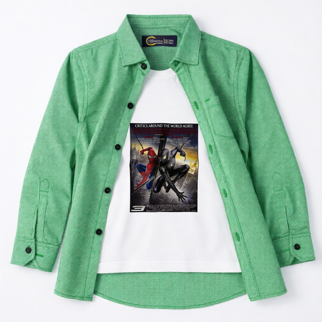 Green Dotted Casual Shirt with Spiderman Print T-Shirt