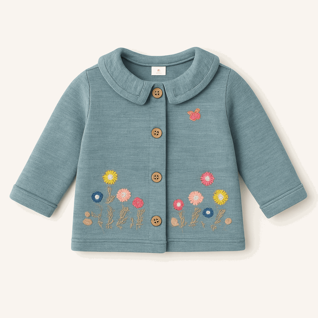 Girls Embroidered Knit Cardigan with Floral & Butterfly Motif – Blue-Grey (1–2 Years)