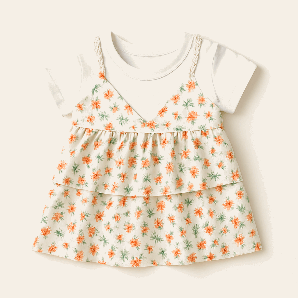 Floral Layered Baby Girl Frock with White Inner – Summer Dress for Toddlers