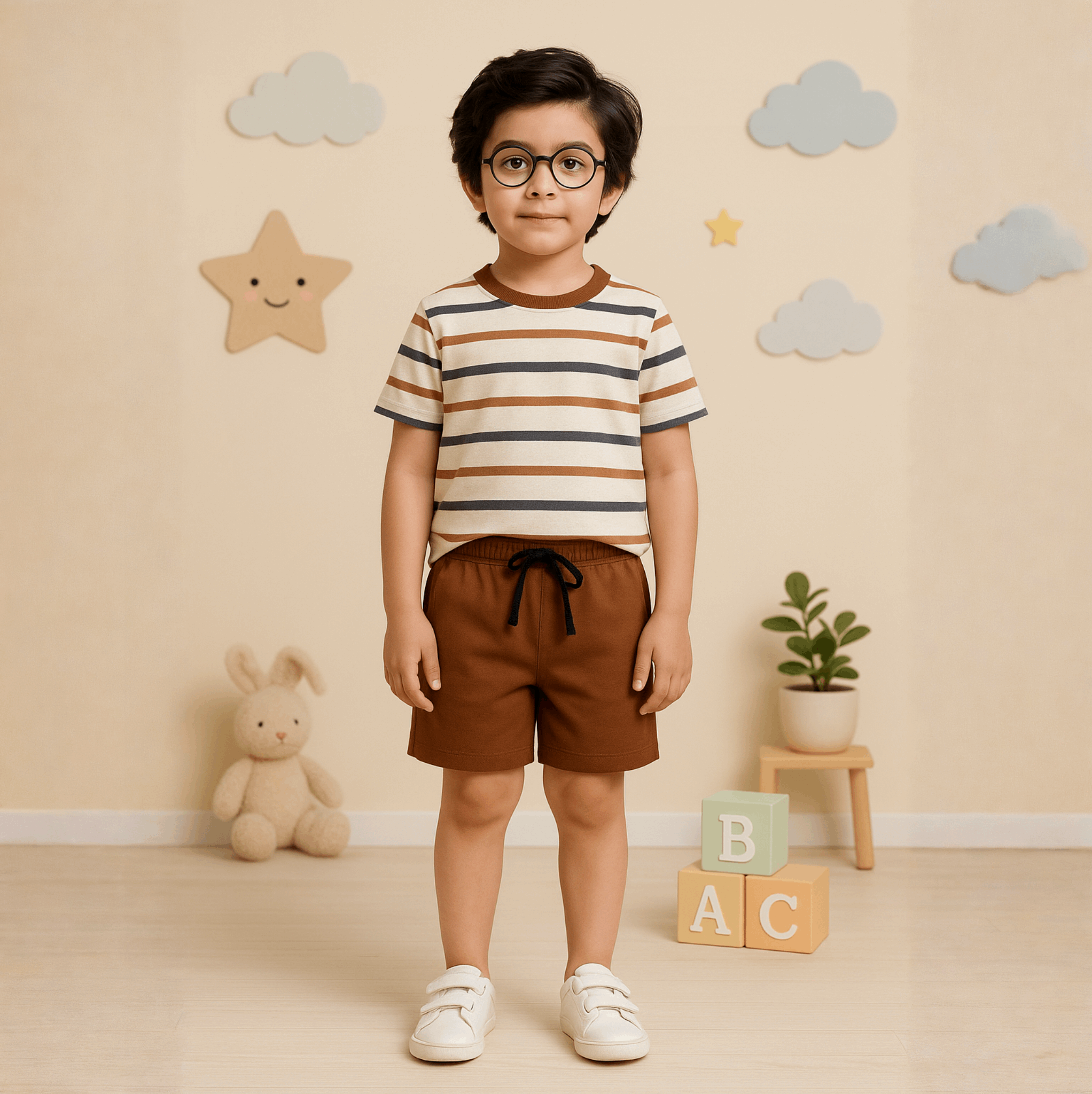 Boys Brown Striped Summer Coord Set – Cotton T-Shirt & Shorts