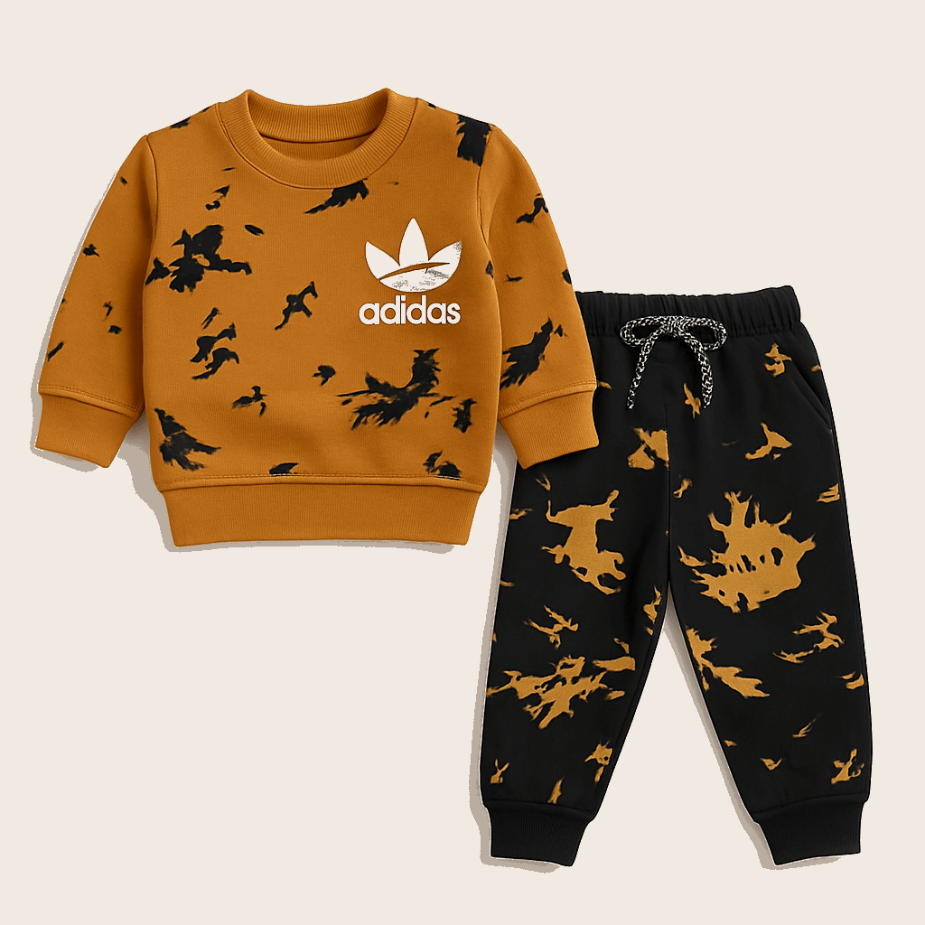 Adidas-style boys' mustard sweatshirt and black jogger pants with camouflage print

