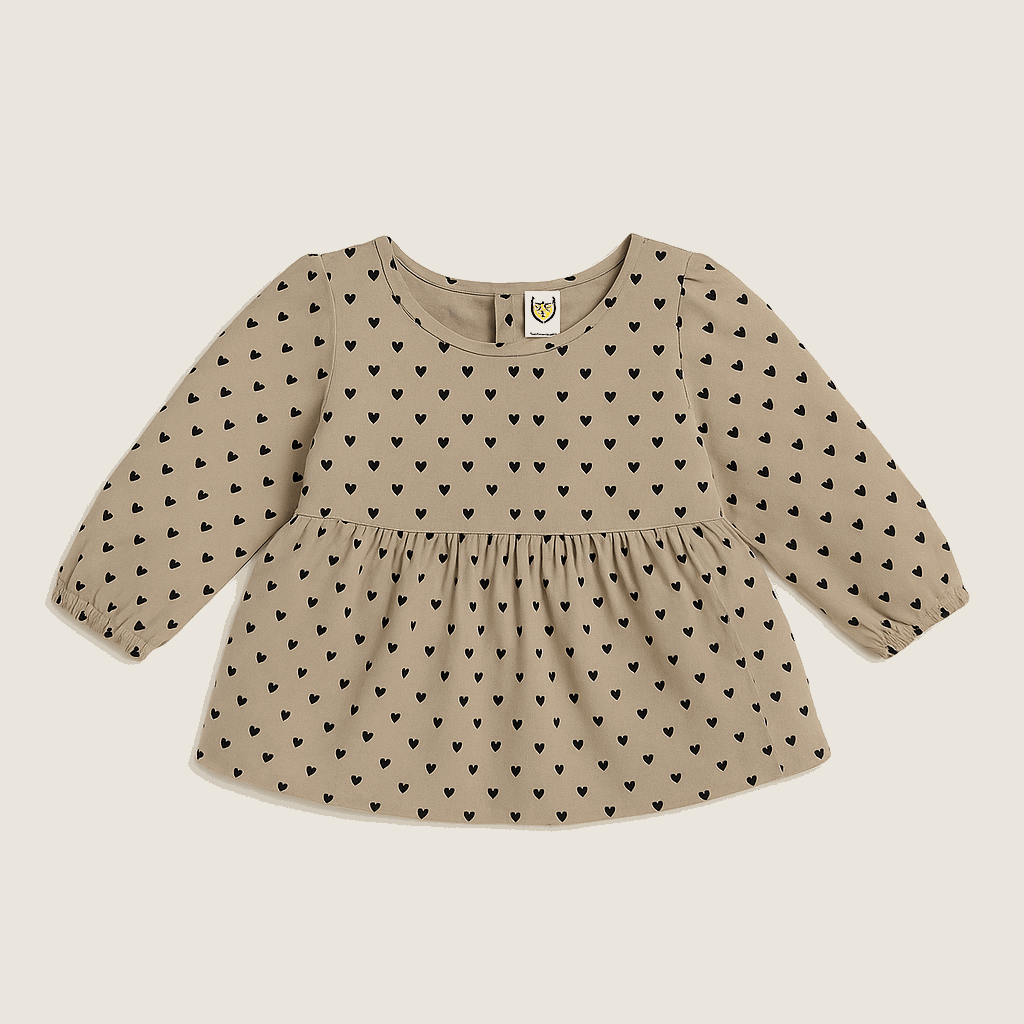 Beige baby girl long sleeve top with black heart print and ruffle shoulders, front view

