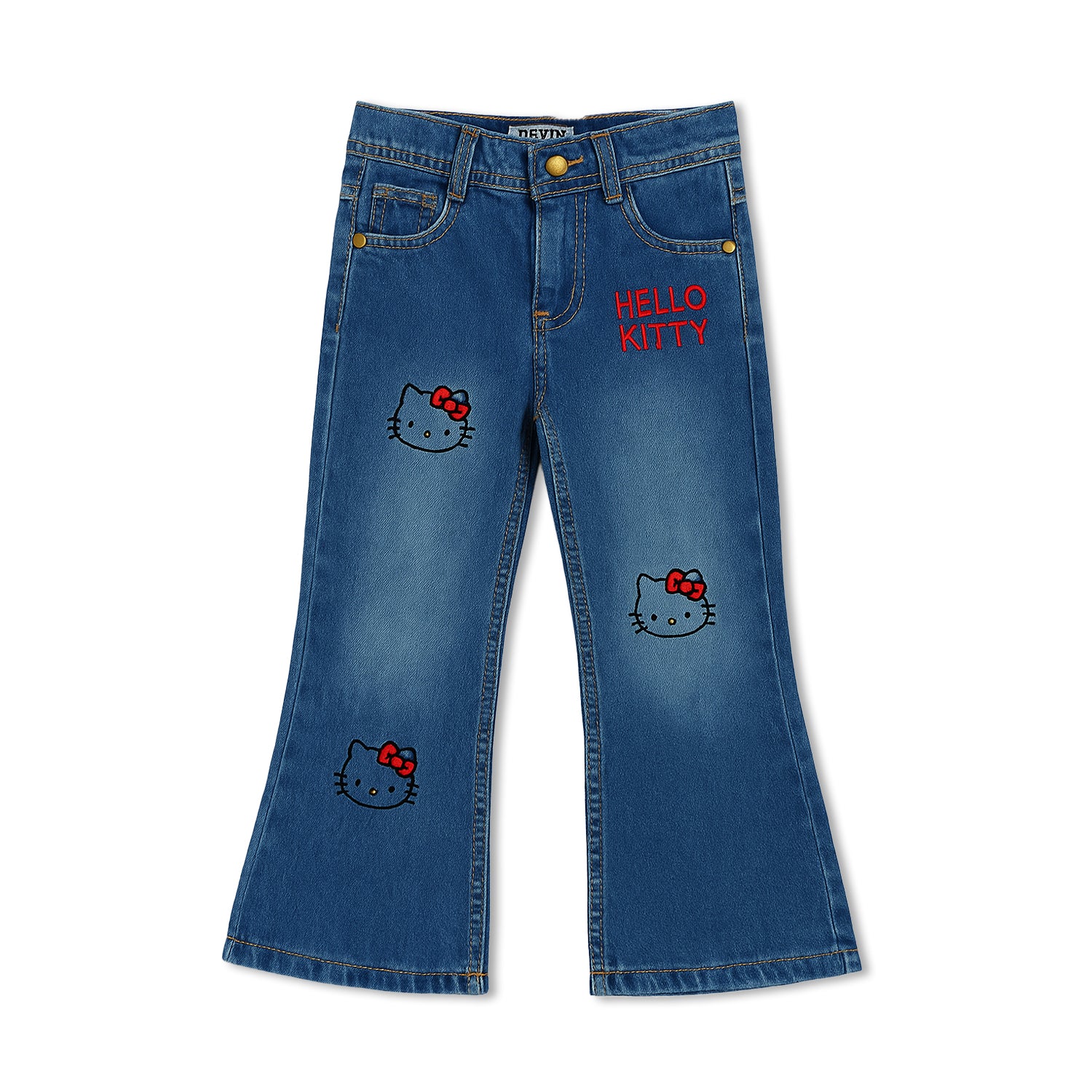 Lil' Cubs Denim Dreams girls' embroidered Hello Kitty jeans from the collection, featuring colorful Hello Kitty embroidery on denim fabric.