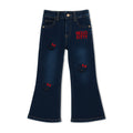 Lil' Cubs girls' denim jeans from the Denim Dreams Hello Kitty collection, featuring colorful embroidered Hello Kitty designs.