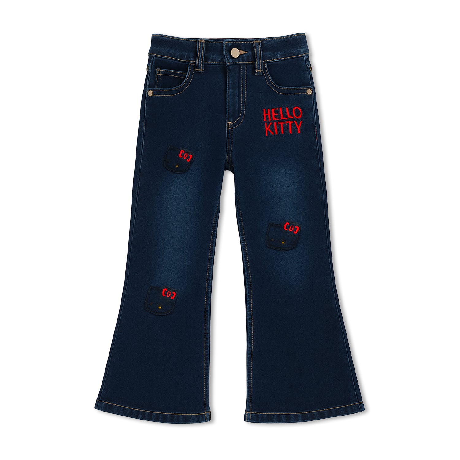 Lil' Cubs girls' denim jeans from the Denim Dreams Hello Kitty collection, featuring colorful embroidered Hello Kitty designs.