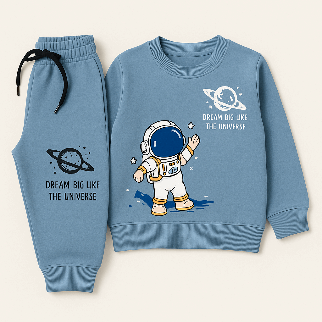 Blue kids tracksuit with astronaut space print and "Dream Big Like the Universe" design – ages 1–12 years
