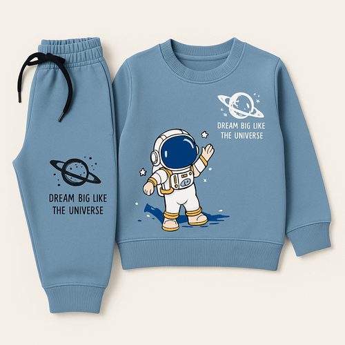 Blue kids tracksuit with astronaut space print and "Dream Big Like the Universe" design – ages 1–12 years