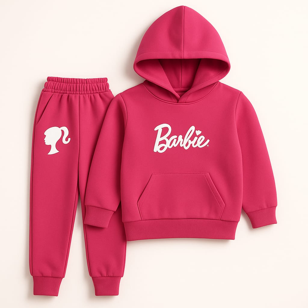 Barbie Dream Pink Girls Winter Hoodie Tracksuit – Cozy Fleece 2-Piece Set (1–12 Years) 💕