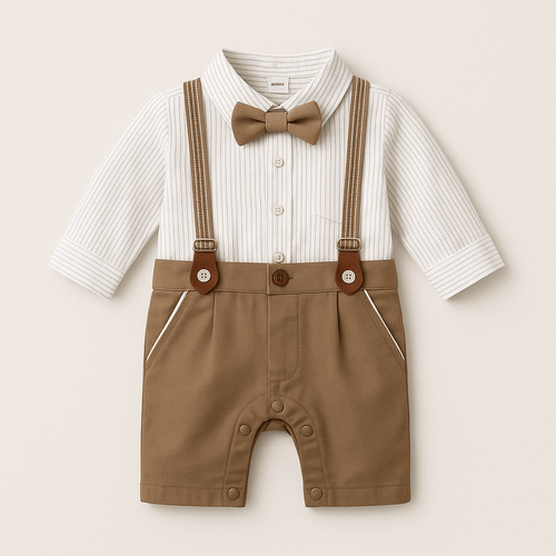 "Baby boy formal romper with suspenders and bow tie in khaki and white – 0–24 months"