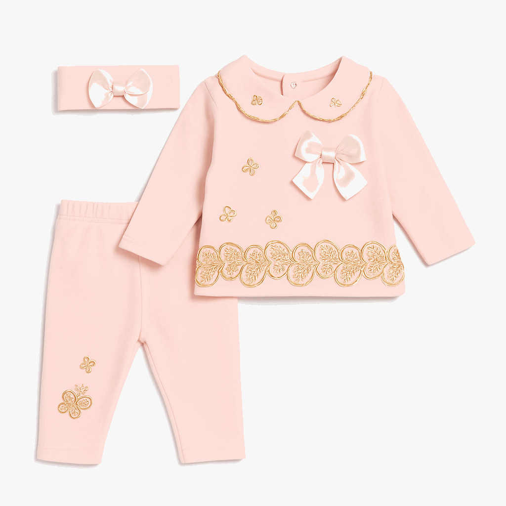Baby Girls Pink Butterfly Embroidered 3-Piece Set – Top, Pants & Headband

