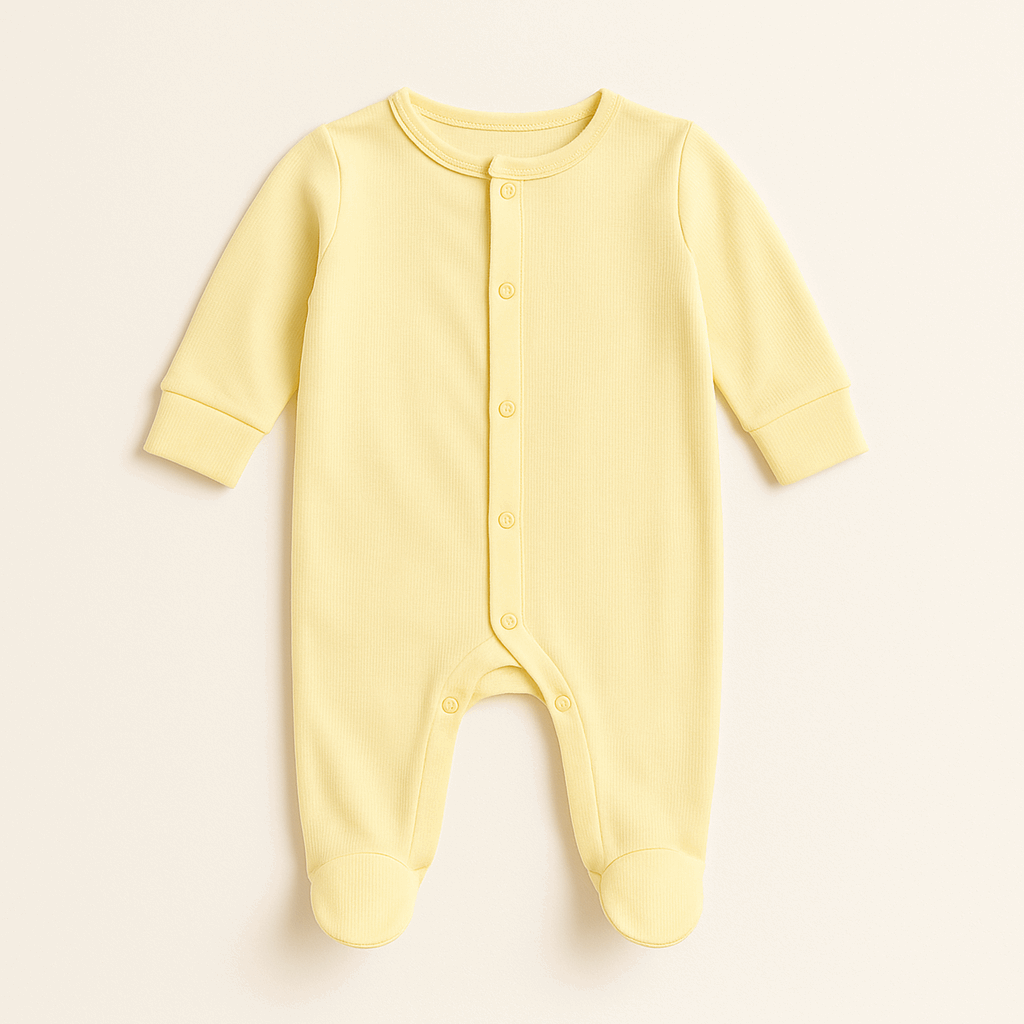 Soft rib fabric baby footed onesie in olive green for 0 to 24 months with snap button closure
