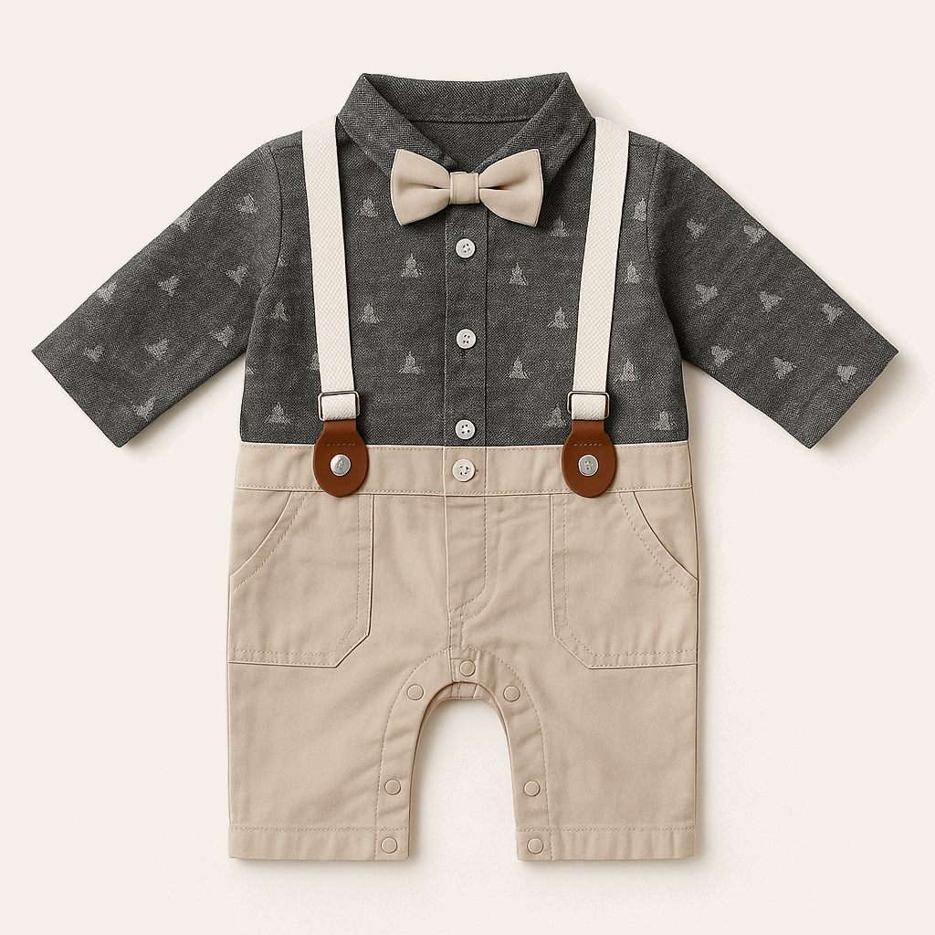 "Baby suspender bow-tie romper in charcoal and khaki – 0–24 months"