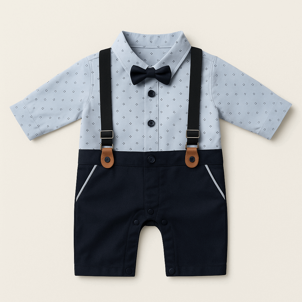 "Baby suspender bow-tie romper in sky blue and navy – 0–24 months"