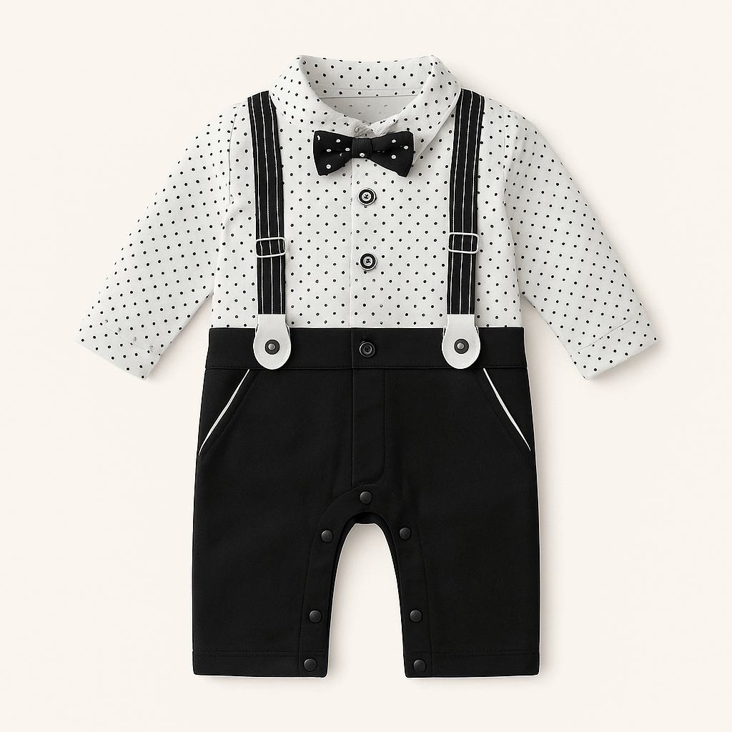 "Baby suspender romper with bow tie in black and white polka dot – 0–24 months"