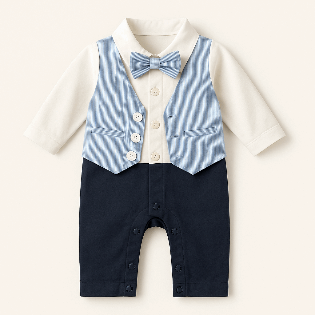 "Baby boy vest romper with bow tie in light blue and navy – 0–24 months"