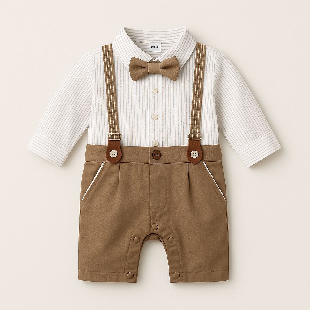 "Baby boy formal romper with suspenders and bow tie in khaki and white – 0–24 months"