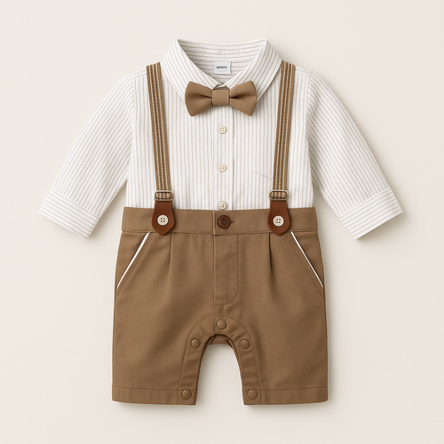 "Baby boy formal romper with suspenders and bow tie in khaki and white – 0–24 months"