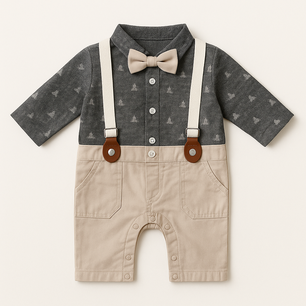 "Baby suspender bow-tie romper in charcoal and khaki – 0–24 months"