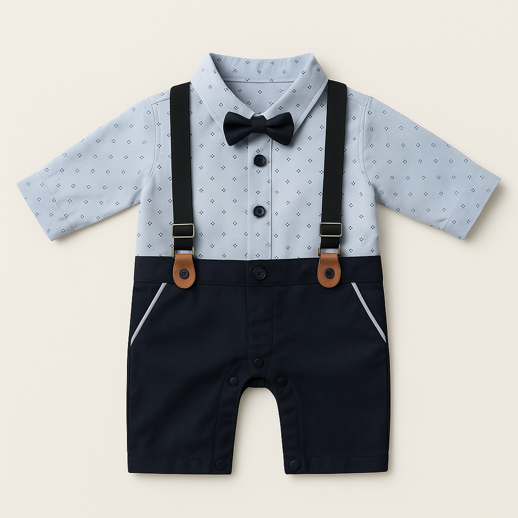 "Baby suspender bow-tie romper in sky blue and navy – 0–24 months"