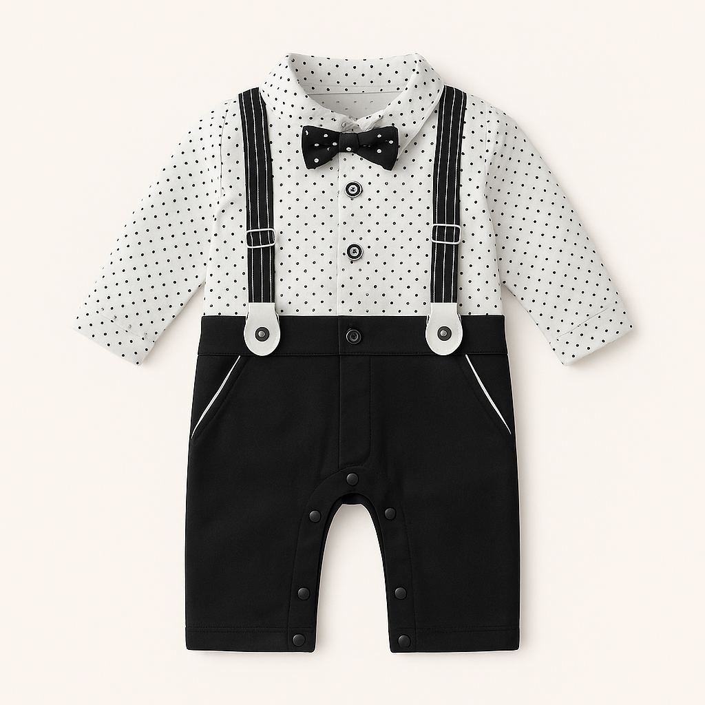 "Baby suspender romper with bow tie in black and white polka dot – 0–24 months"
