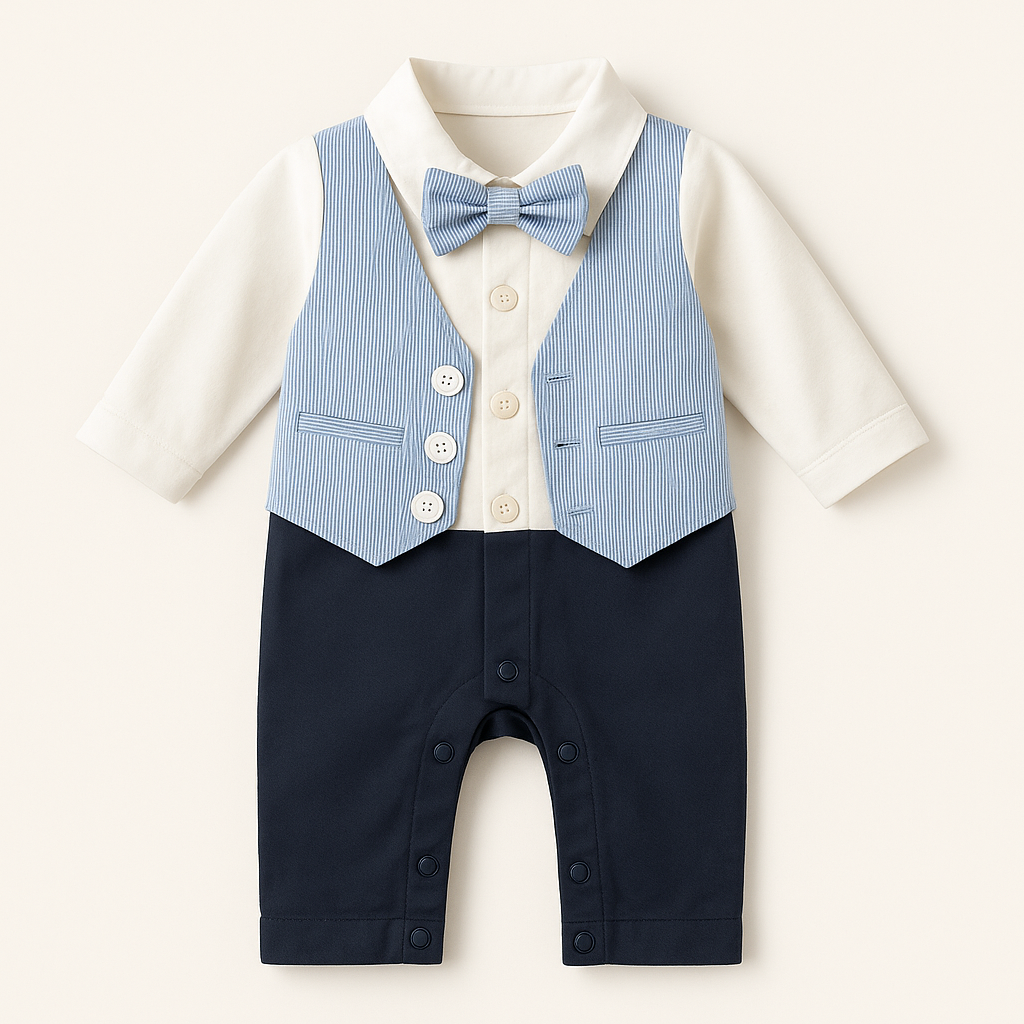 "Baby boy vest romper with bow tie in light blue and navy – 0–24 months"