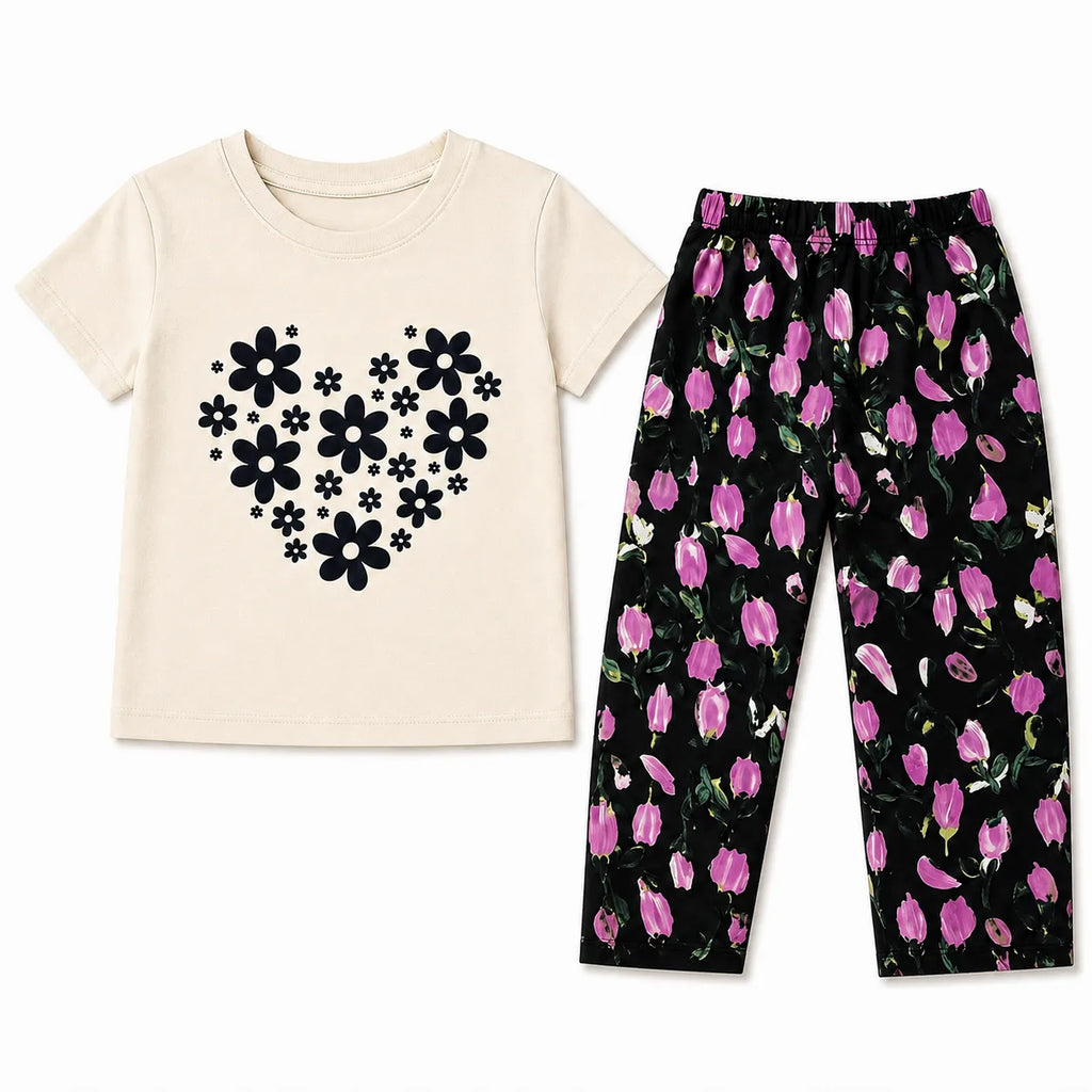 Girls Beige Flowers Summer Coord Set (2-Piece) - 3 - 14 Years
