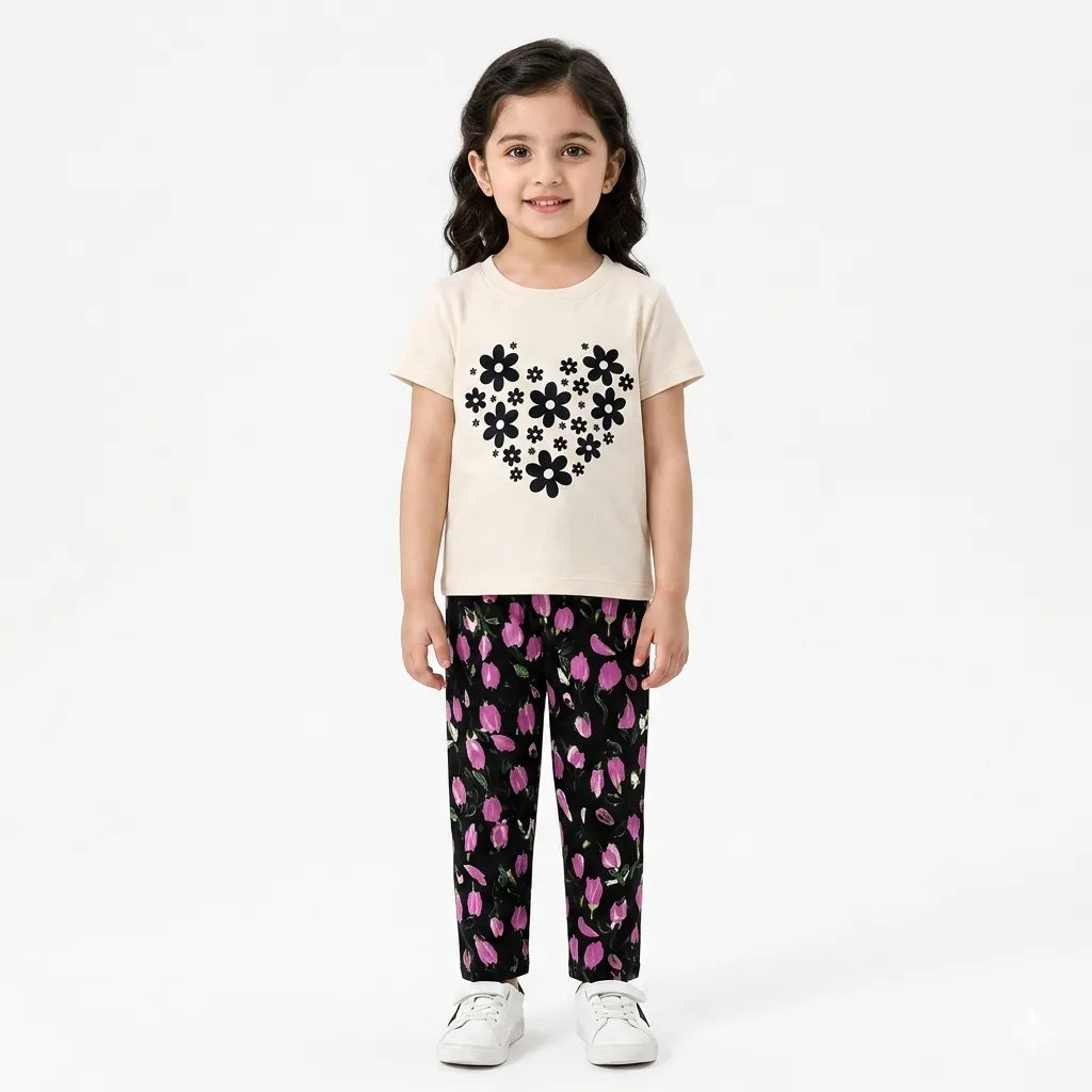 Girls Beige Flowers Summer Coord Set - 2 Piece Kids Outfit - Jersey Cotton Fabric - Beige Top with Floral Heart Design - Girls Summer Fashion - Affordable Clothing Brand Pakistan - Lil' Cubs Kidswear