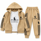 Beige Polo Print 3 Piece Winter Tracksuit for Kids (Size 6 Months - 3 Years)