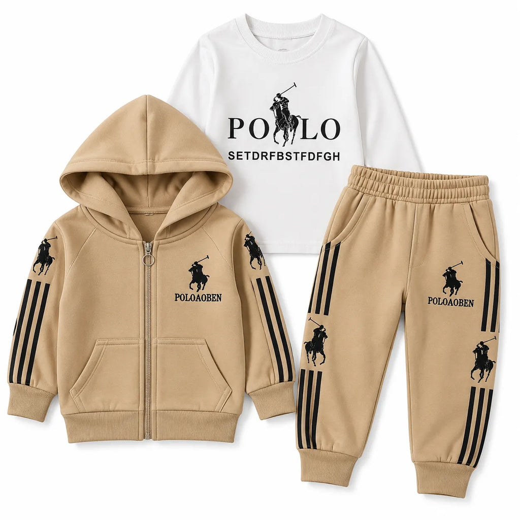 Beige Polo Print 3 Piece Winter Tracksuit for Kids (Size 6 Months - 3 Years)