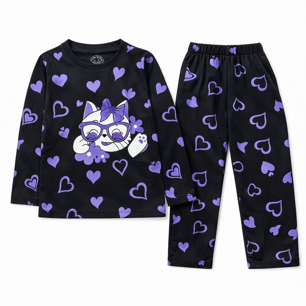 Black Heart & Cat Summer Coord Set - Jersey Cotton Fabric - Summer Kidswear - Kidswear brand in Pakistan - Comfortable & Stylish Outfit - Summer Outfit for girls - Cotton Outfit - Lil' Cubs