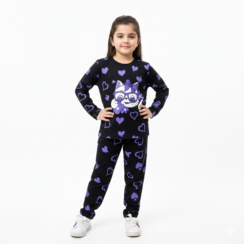 Black Heart & Cat Summer Coord Set - Jersey Cotton Fabric - Summer Kidswear - Kidswear brand in Pakistan - Comfortable & Stylish Outfit - Summer Outfit for girls - Cotton Outfit - Lil' Cubs