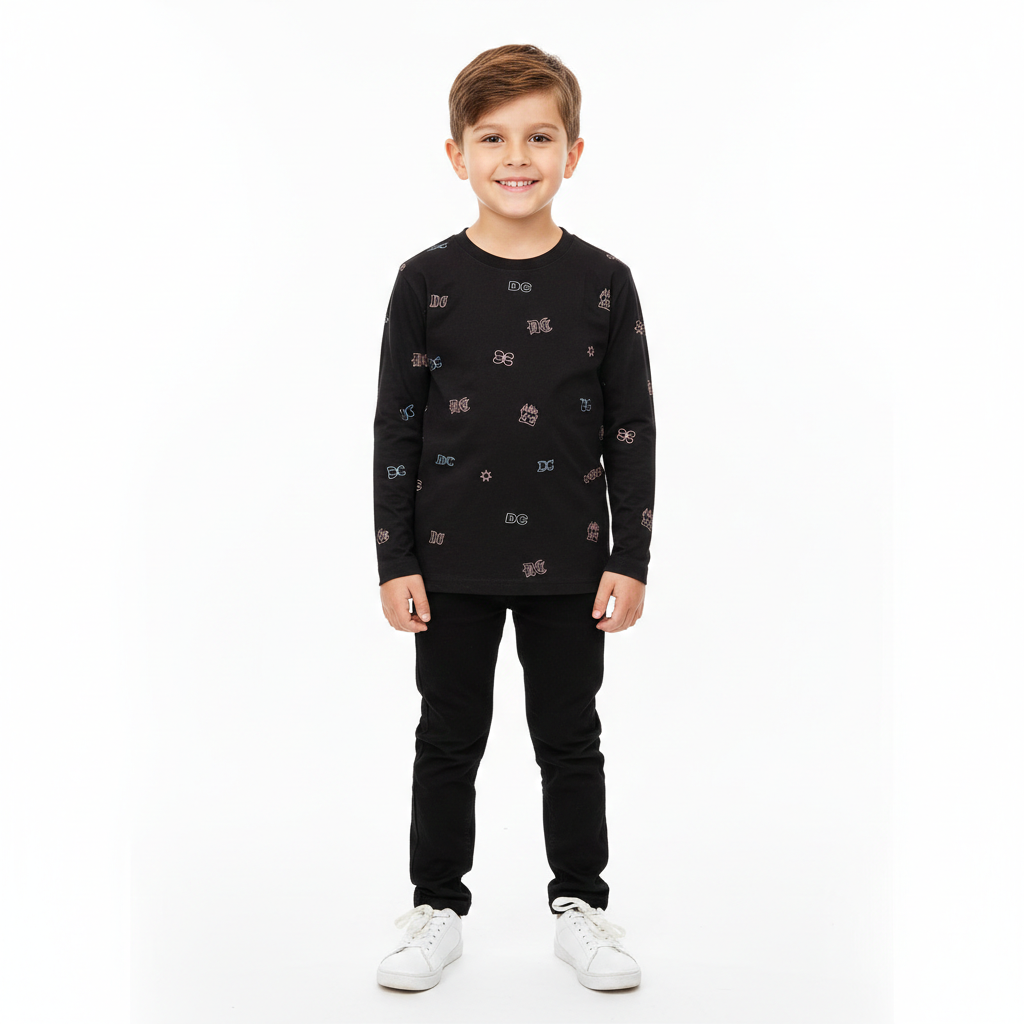 Black Long Sleeves T-Shirt with DC Print - Cotton Fabric - Affordable Summer Outfits - Kidswear Brand in Pakistan - Trendy Summer Articles - Lil' Cubs
